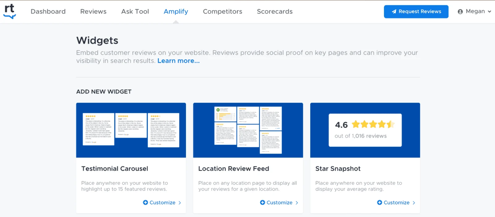 ReviewTrackers Widgets page offering Testimonial Carousel, Location Review Feed, and Star Snapshot website widgets.