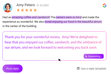Five-star Google review from Amy Peters with a generated reply thanking her for the coffee, sandwich, and atrium experience.