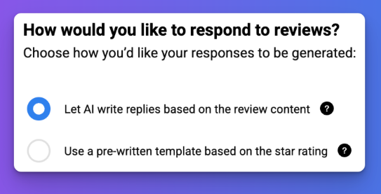 Response setup dialog with AI replies based on review content selected over a pre-written template based on star rating.
