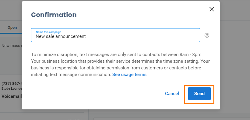 Confirmation dialog naming a mass text campaign, explaining the 8 a.m.–8 p.m. sending window, with Cancel and Send buttons