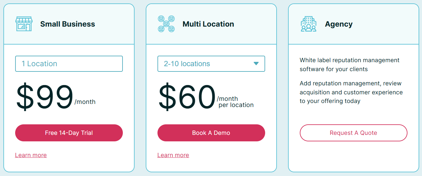 GatherUp pricing cards showing Small Business at $99 monthly, Multi Location at $60 per location monthly, and Agency by quote