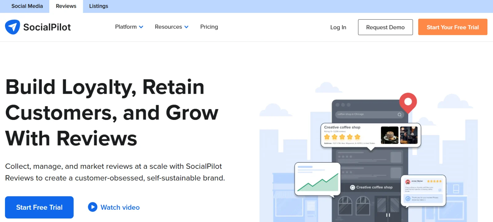 SocialPilot Reviews homepage with the headline “Build Loyalty, Retain Customers, and Grow With Reviews” and a Start Free Trial button