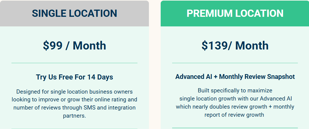 Reviewly.ai pricing cards showing Single Location at $99 monthly and Premium Location with Advanced AI at $139 monthly
