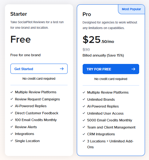 SocialPilot Reviews pricing cards showing a free Starter plan and a Pro plan at $25.50 monthly when billed annually