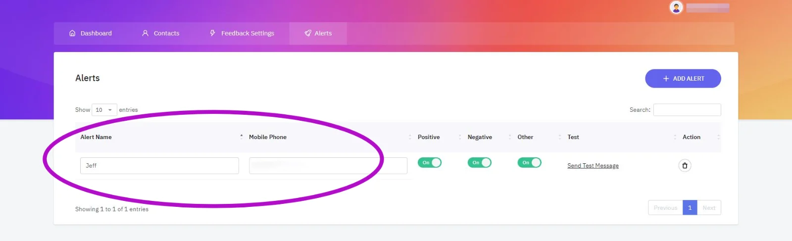 Reviewly.ai Alerts dashboard with fields for alert name and mobile phone, plus toggles for positive, negative, and other feedback