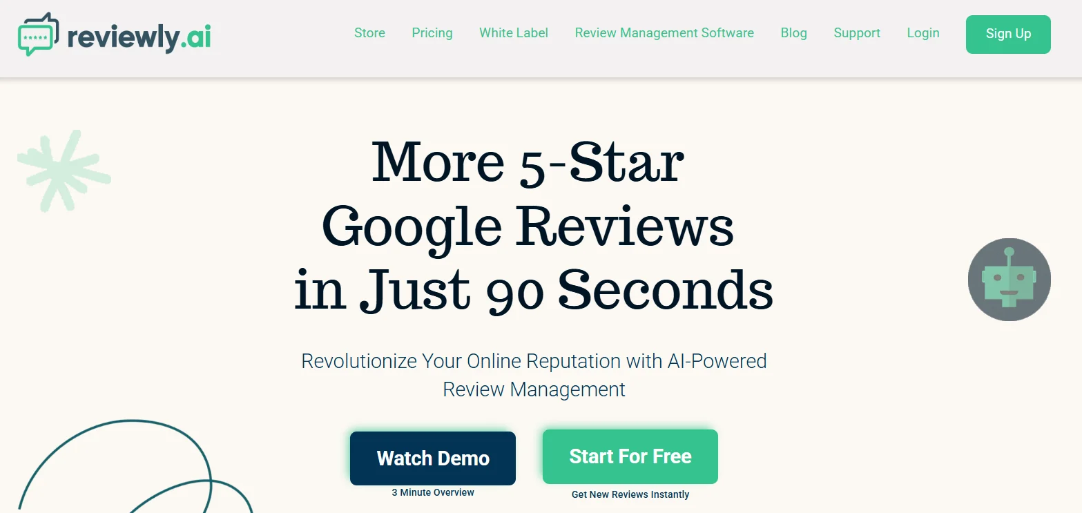 Reviewly.ai homepage with the headline “More 5-Star Google Reviews in Just 90 Seconds” and Watch Demo and Start For Free buttons