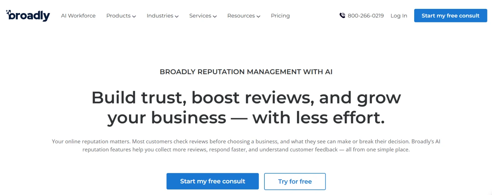 Broadly reputation management page promoting AI tools to collect more reviews, respond faster, and understand customer feedback.