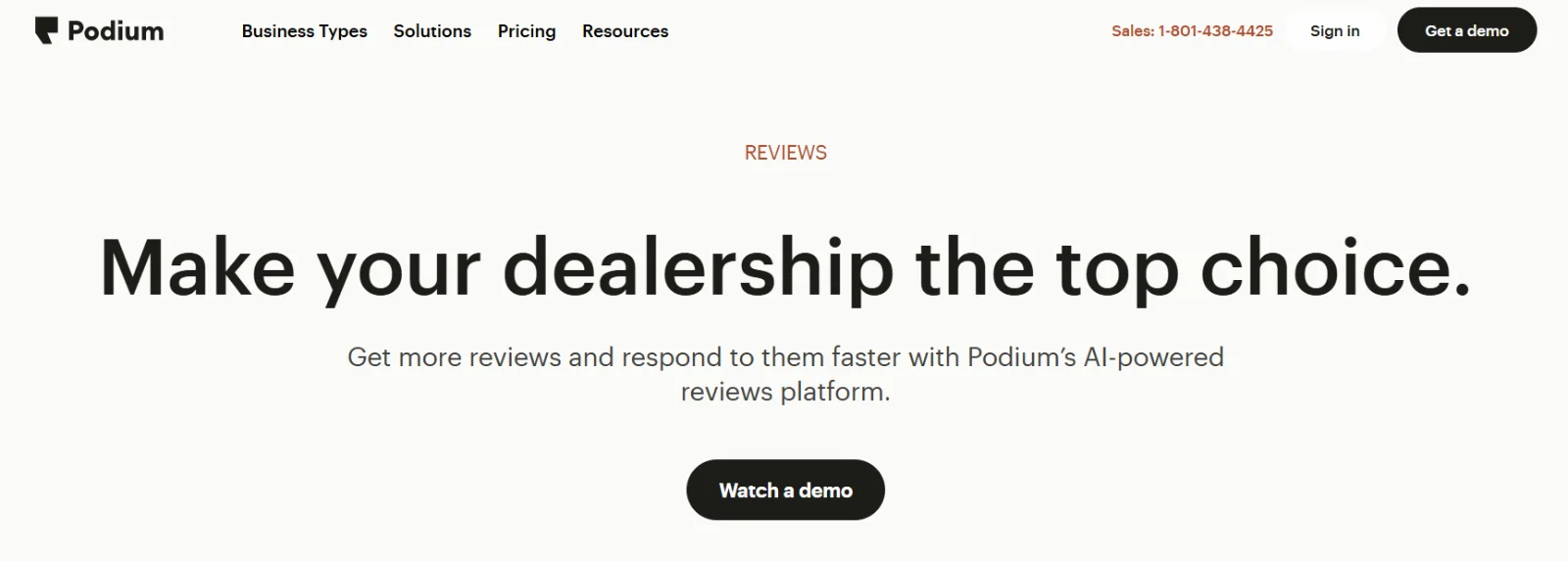 Podium reviews page for dealerships with the headline “Make your dealership the top choice” and a Watch a demo button.