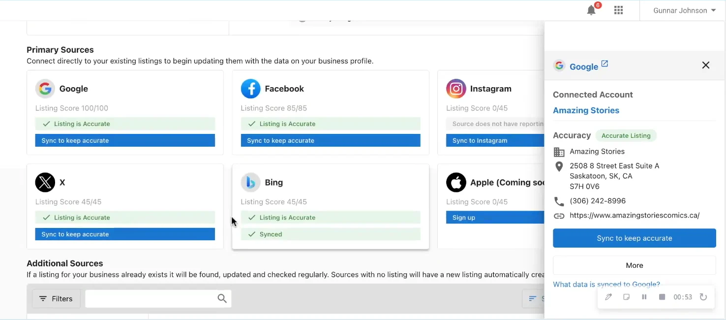 Listings dashboard with Google, Facebook, Instagram, X, Bing, and Apple source cards plus an accurate Google listing for Amazing Stories.