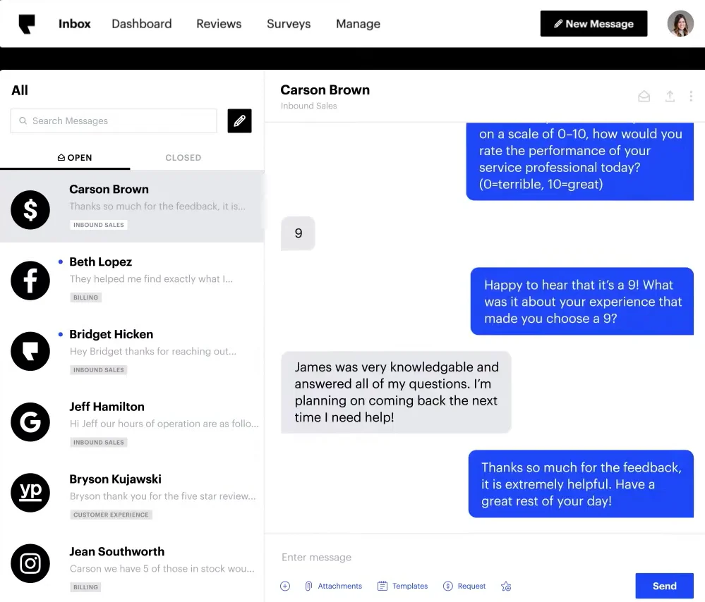 Podium inbox showing a 0–10 customer survey, a score of 9, a follow-up question, customer feedback about James, and a reply composer.