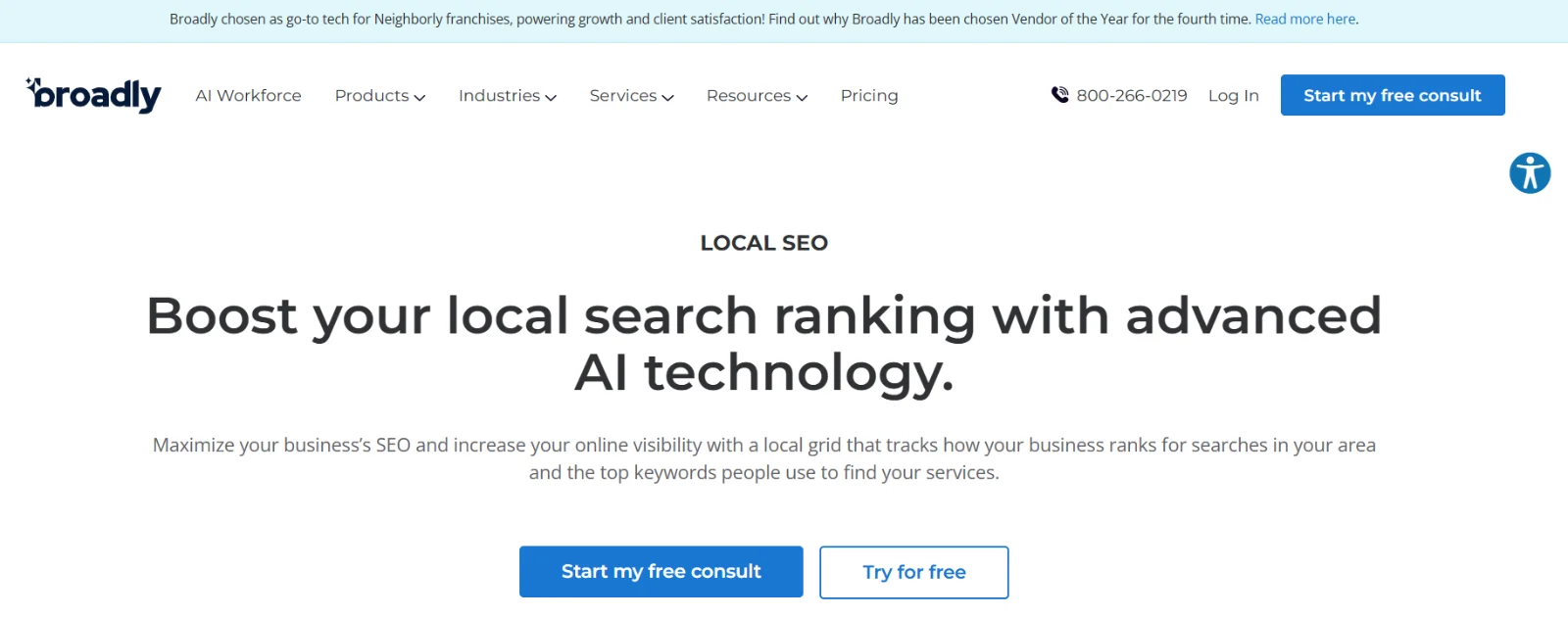 Broadly Local SEO page with the headline “Boost your local search ranking with advanced AI technology” and consult and free-trial buttons.