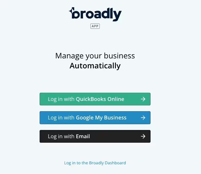 Broadly app login screen with QuickBooks Online, Google My Business, email, and Broadly Dashboard sign-in options.
