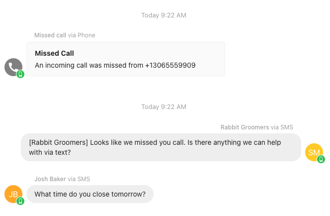 Combined conversation view showing a missed phone call, an automated SMS follow-up, and a customer asking about closing time.