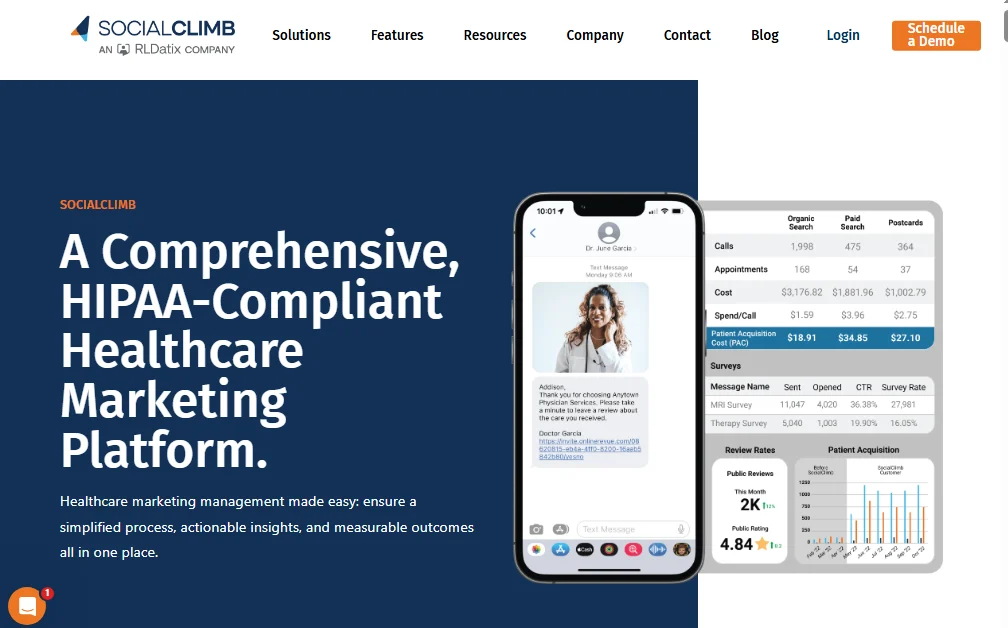 SocialClimb homepage describing a HIPAA-compliant healthcare marketing platform beside patient messaging and analytics screens