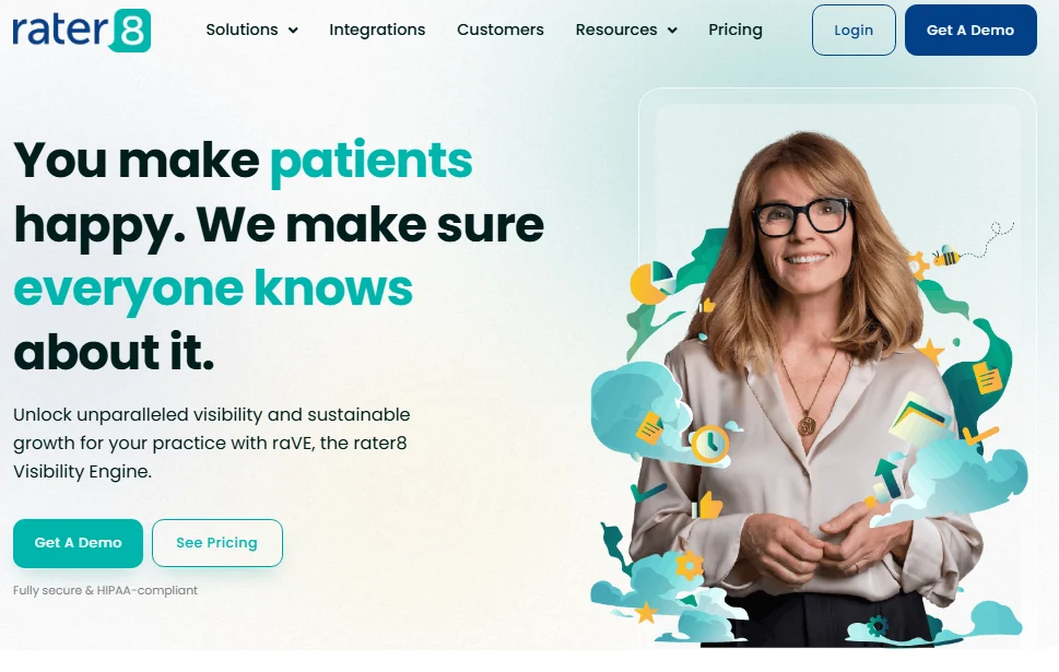 rater8 homepage promoting its healthcare visibility engine, with Get a Demo and See Pricing buttons