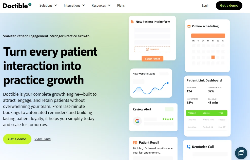 Doctible homepage showing patient intake, scheduling, lead, review alert, recall, and reminder call interface cards