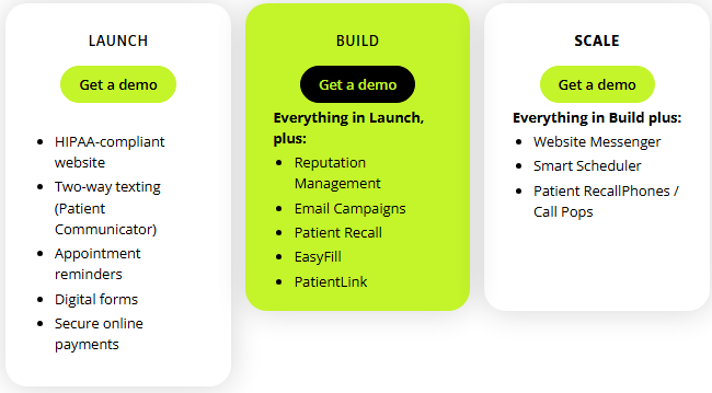 Doctible Launch, Build, and Scale plan cards listing website, texting, reminders, forms, payments, reputation, email, recall, and scheduling tools