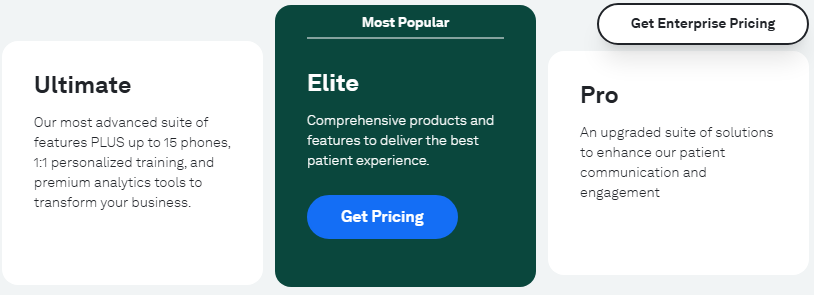 Weave pricing cards for Ultimate, Elite, and Pro, with Elite marked Most Popular and buttons to get pricing