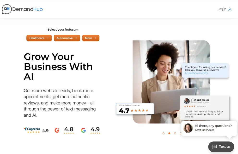 DemandHub homepage with “Grow Your Business With AI,” review-request and review overlays, ratings, and a text-chat prompt.