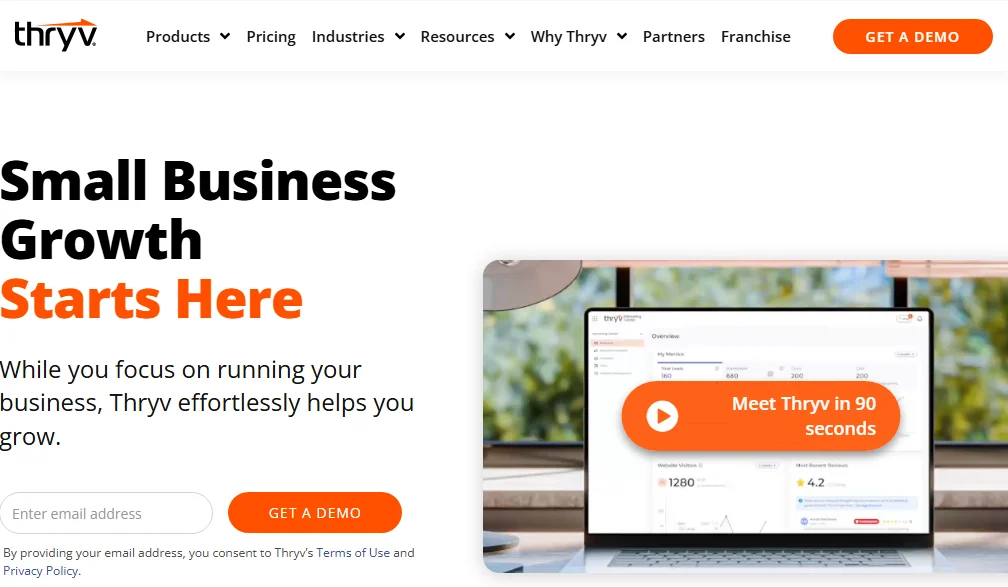 Thryv homepage with the headline “Small Business Growth Starts Here,” an email field, demo button, and laptop dashboard preview.