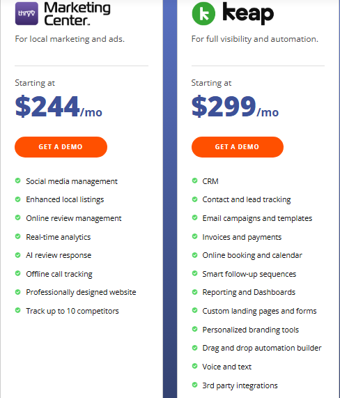 Pricing comparison showing Thryv Marketing Center from $244 per month and Keap from $299 per month, with feature lists for each.