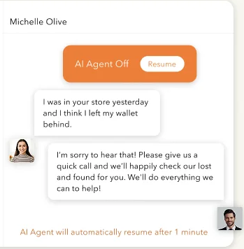 DemandHub conversation showing “AI Agent Off,” a customer’s lost-wallet message, a human reply, and automatic AI resumption after one minute.