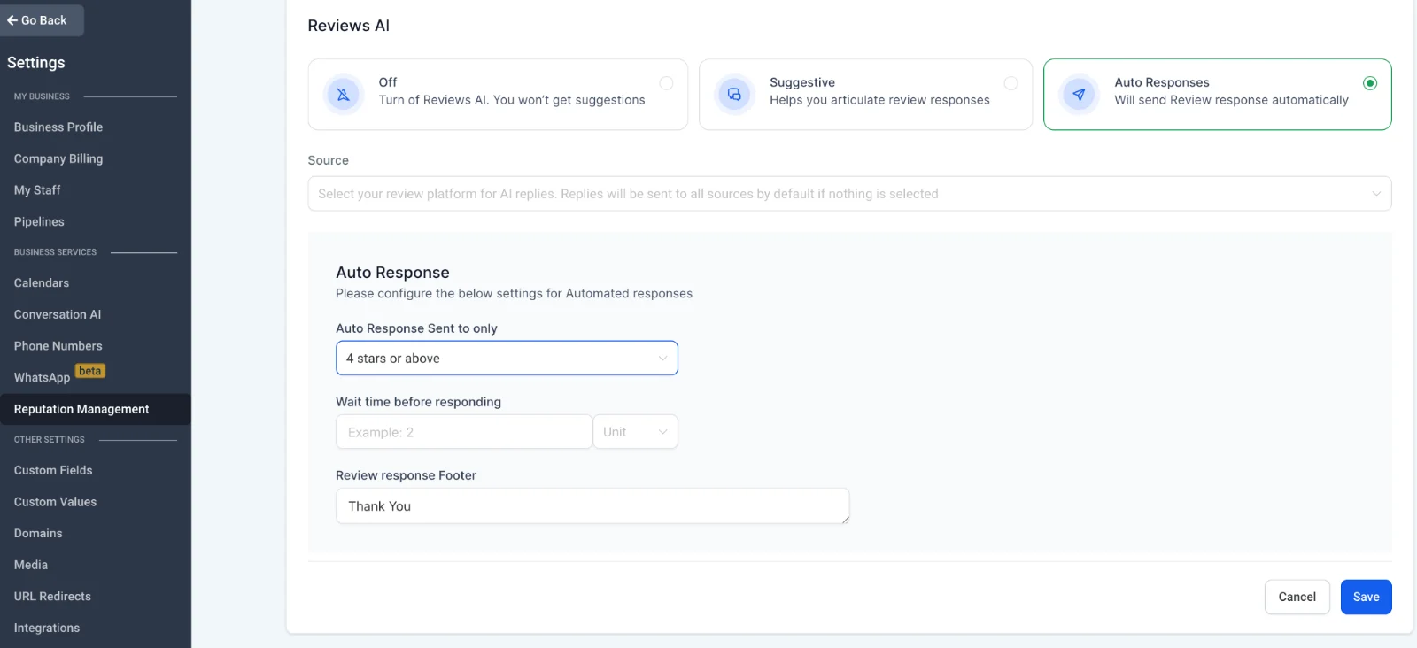 HighLevel Reviews AI settings with Auto Responses selected, a four-stars-or-above threshold, response delay fields, and a footer set to Thank You.