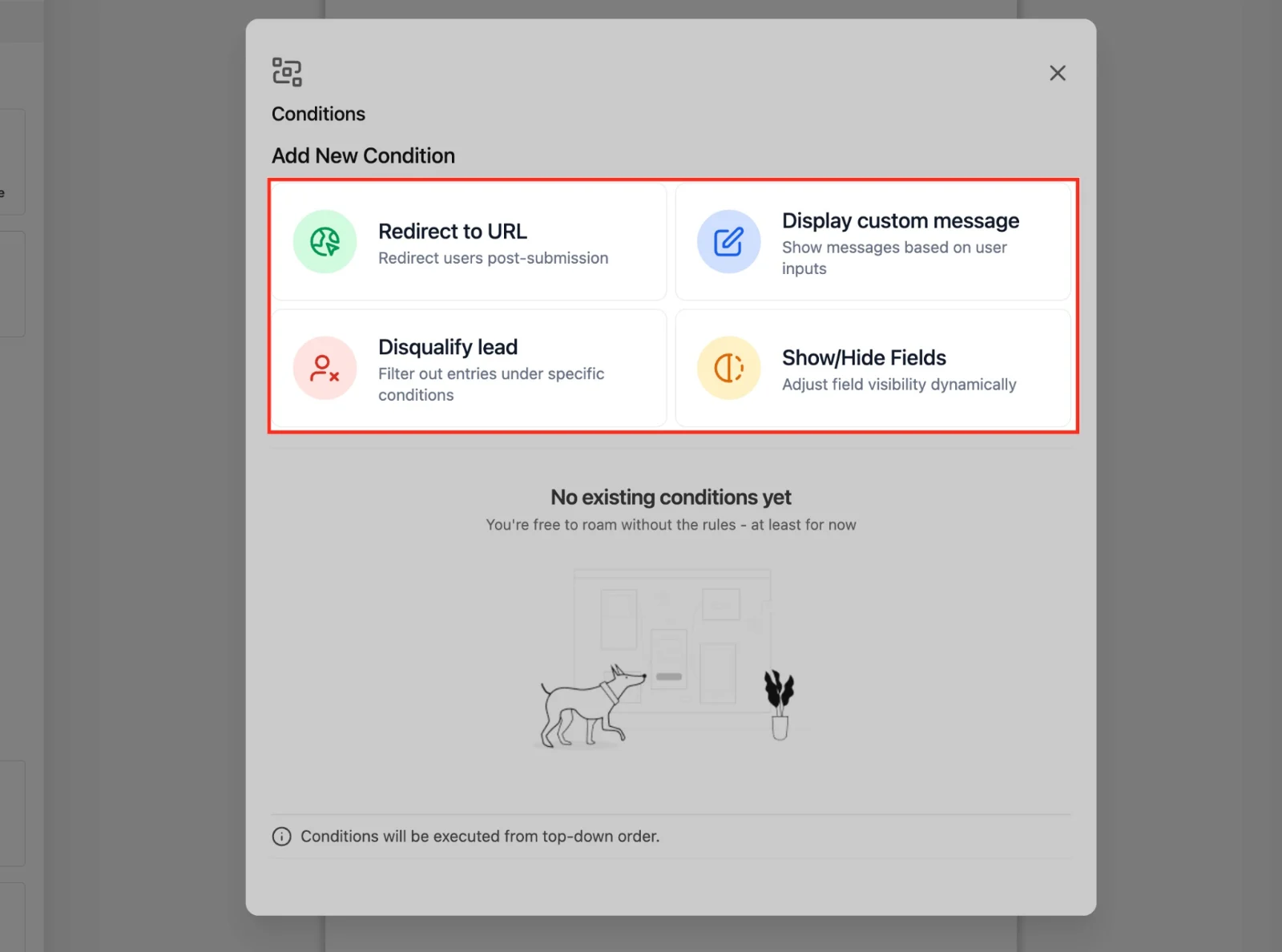 HighLevel form conditions menu with options to redirect to a URL, display a custom message, disqualify a lead, or show and hide fields.