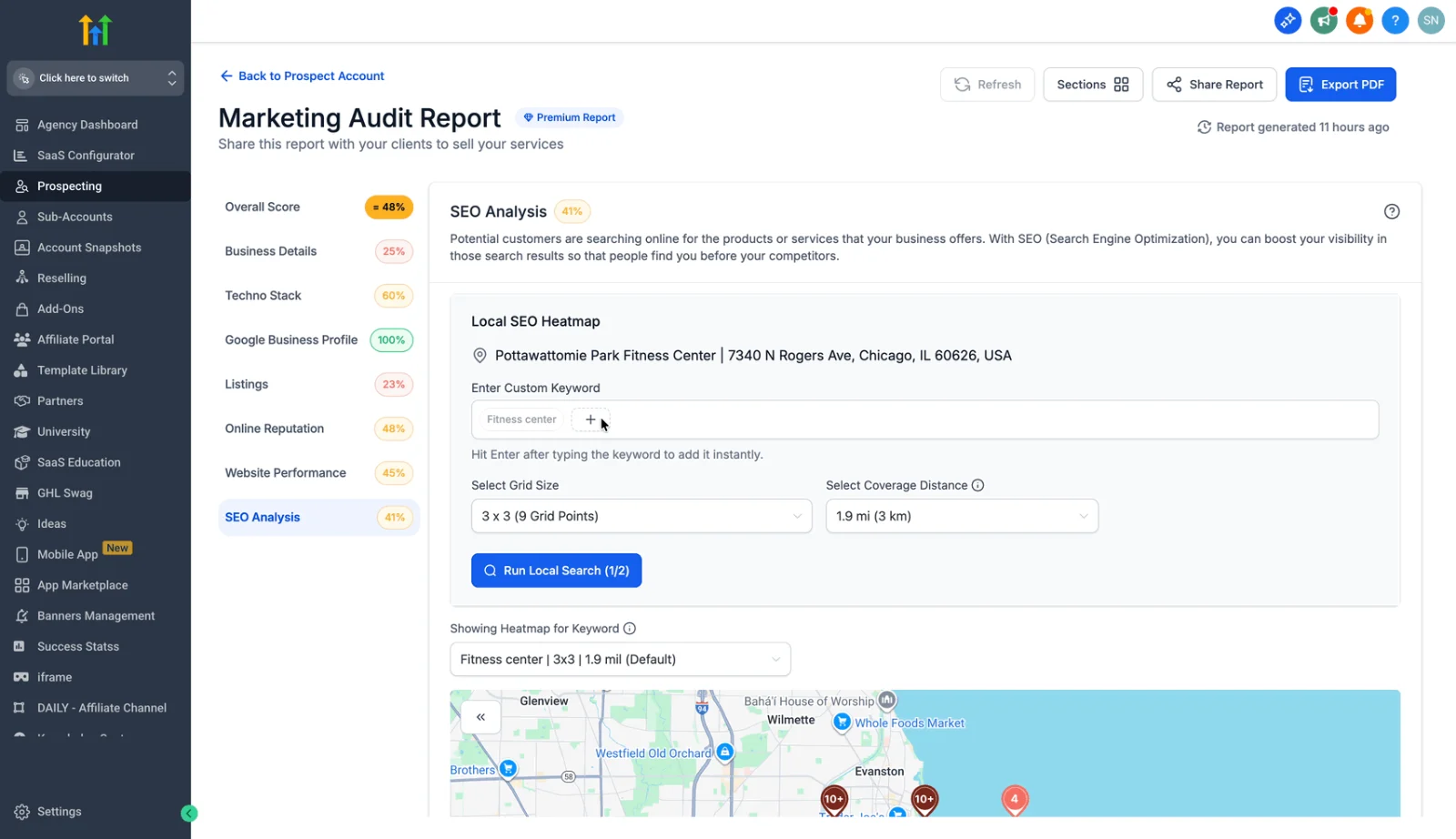 HighLevel Marketing Audit Report showing a 48% overall score, 41% SEO score, and Local SEO Heatmap controls for keyword, grid size, and distance.