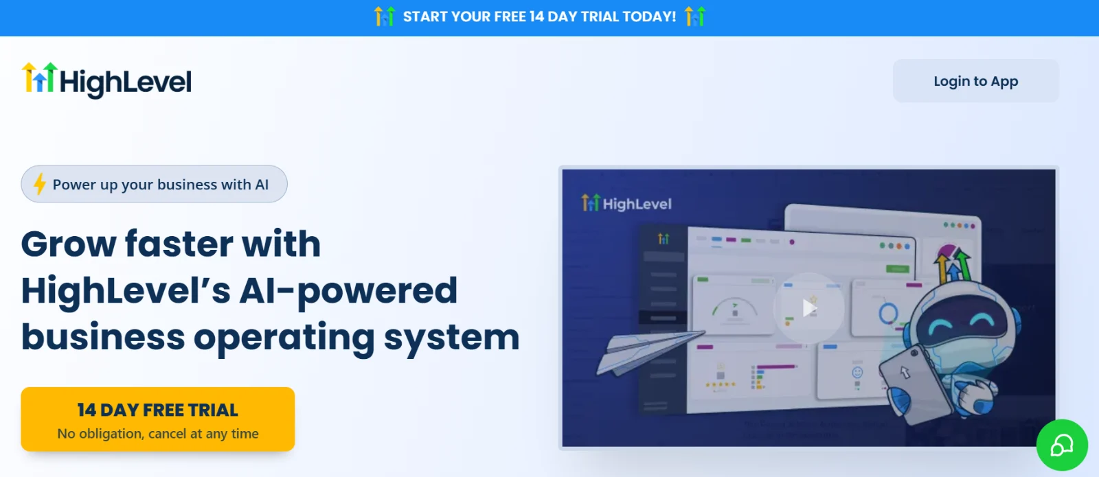 HighLevel homepage promoting its AI-powered business operating system and a 14-day free trial, with the HighLevel logo and product video graphic.