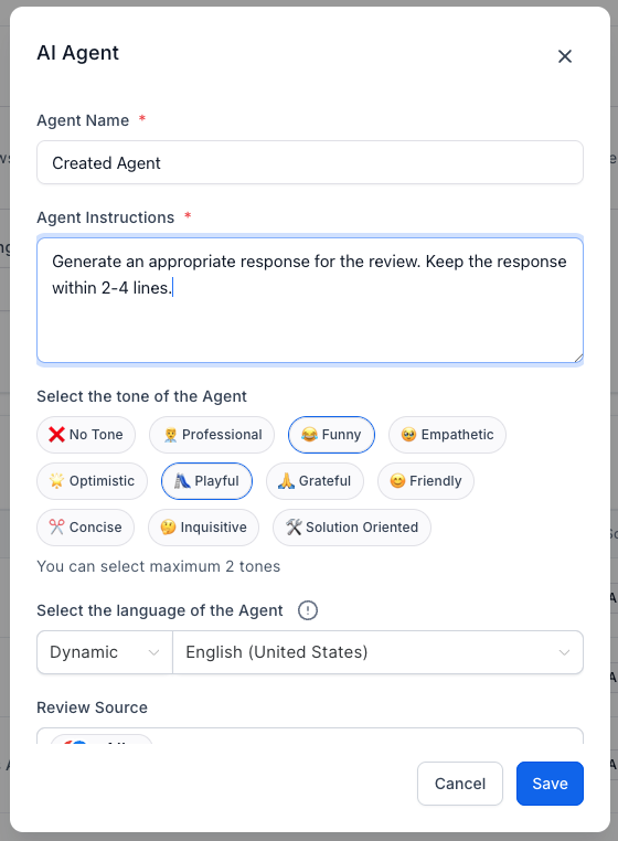 AI Agent setup dialog with review-response instructions, tone choices, dynamic English language settings, and Cancel and Save buttons.