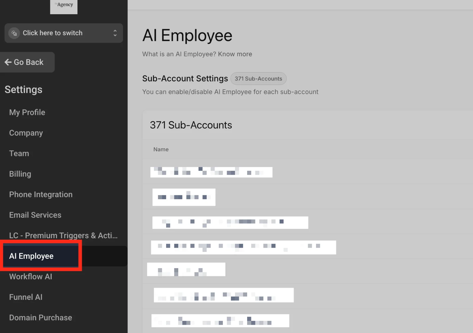 Agency settings page for AI Employee, showing controls for enabling or disabling the feature across 371 sub-accounts.