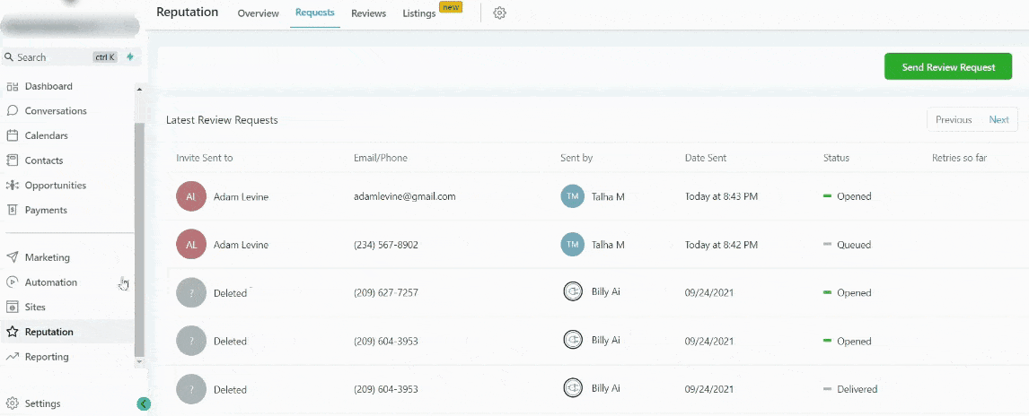 Reputation Requests dashboard listing recipients, email or phone details, senders, dates, delivery status, and retry counts.