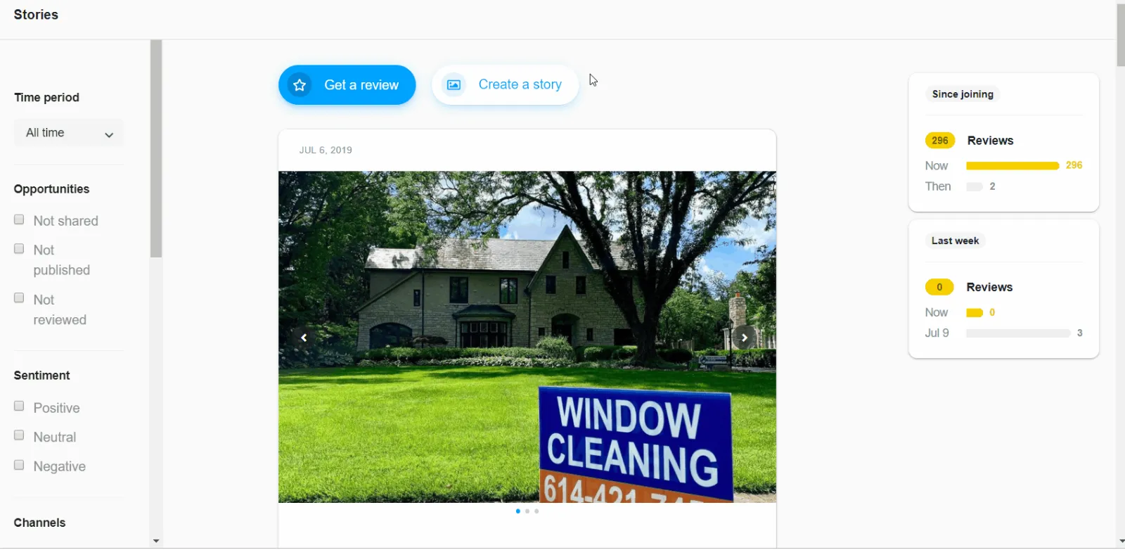 NiceJob Stories dashboard with review and story buttons, a customer property photo, and review totals showing 296 now versus 2 when joining.