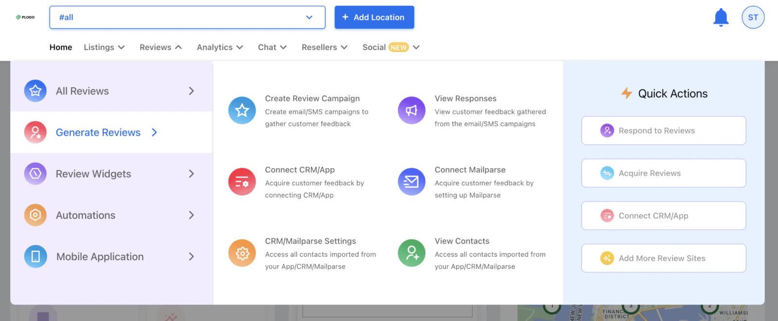 White-label review dashboard with Generate Reviews options for email or SMS campaigns, CRM or app connections, Mailparse, contacts, and automations.