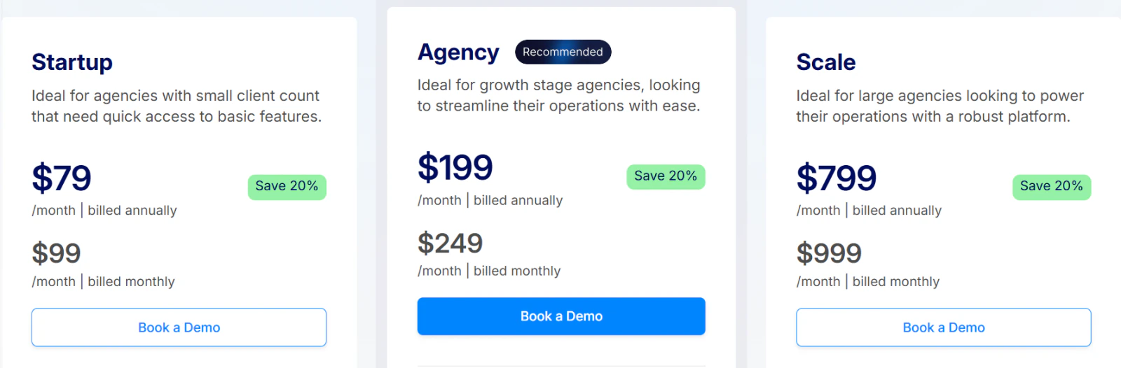 Synup pricing cards: Startup $79 annually or $99 monthly, Agency $199 or $249, and Scale $799 or $999 per month.