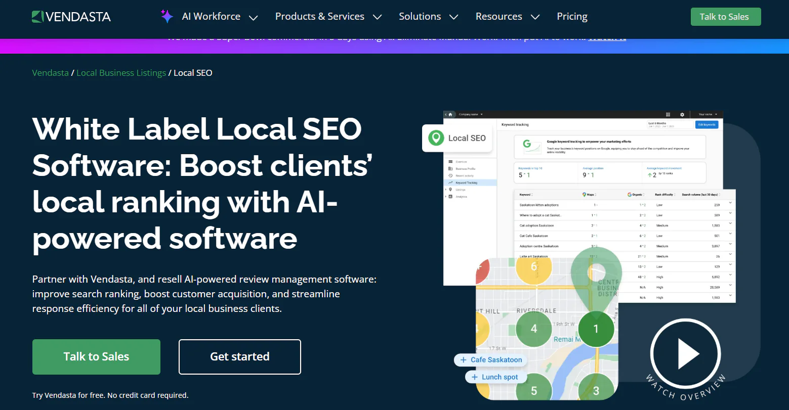 Vendasta Local SEO page showing keyword tracking, a local map ranking grid, and the headline White Label Local SEO Software.