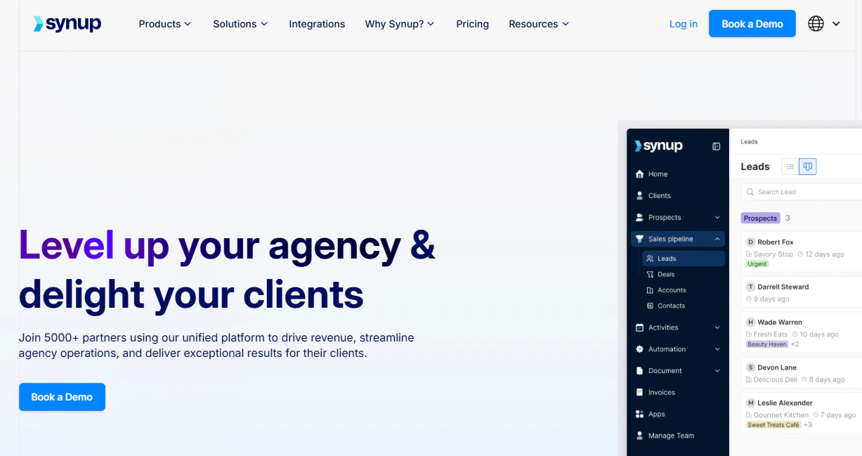 Synup homepage with agency-focused headline, Book a Demo buttons, and a sales pipeline dashboard preview.