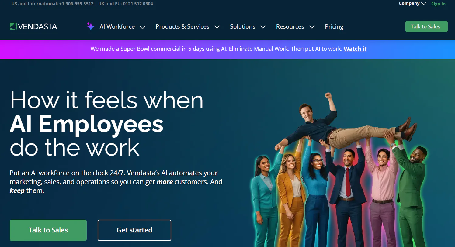 Vendasta homepage promoting AI Employees for marketing, sales, and operations, with Talk to Sales and Get started buttons.