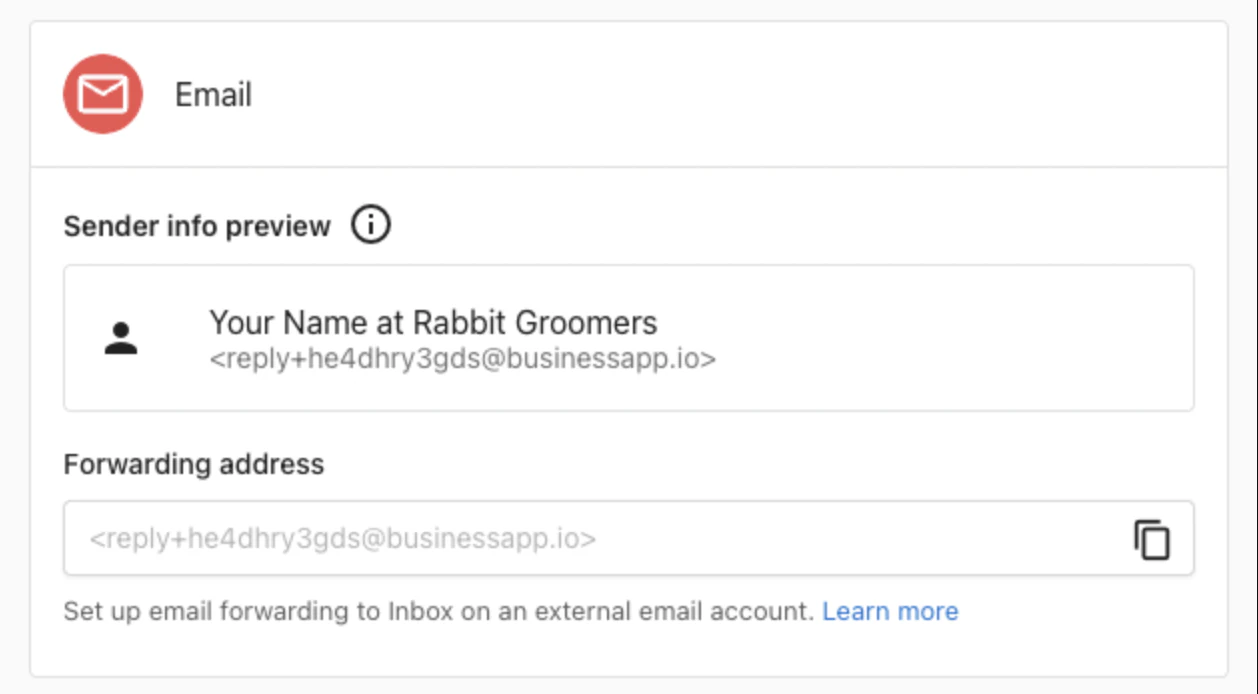 Email settings panel showing a branded sender name, businessapp.io reply address, forwarding address field, and copy control.