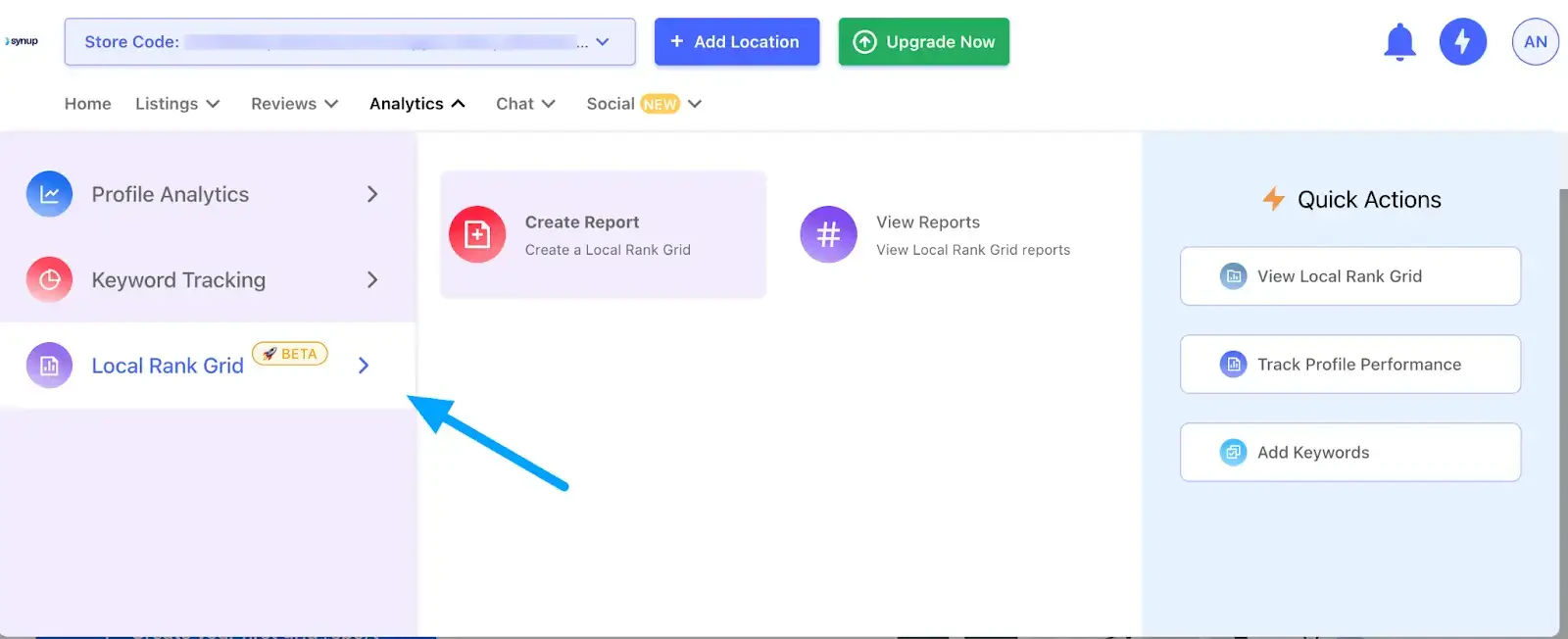 Synup Analytics dashboard with Local Rank Grid marked Beta and selected, plus options to create or view reports and quick actions for profiles and keywords.
