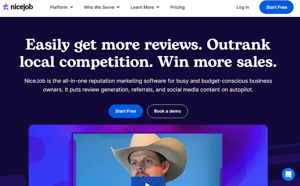 NiceJob homepage promoting reviews, local search rankings, referrals, and social media content, with Start Free and Book a demo buttons.