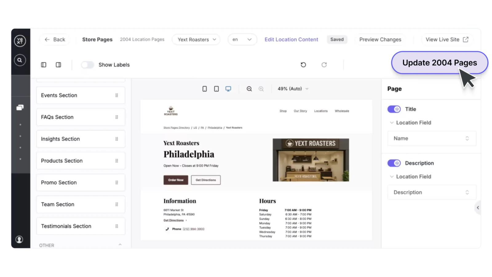 Yext Store Pages editor for 2,004 location pages, showing location content fields and an Update 2004 Pages button