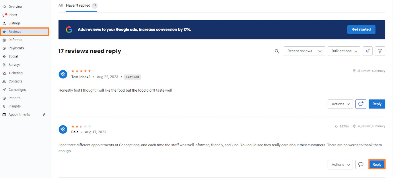 Review inbox showing 17 reviews needing replies, two customer reviews, search and sorting controls, bulk actions, an AI button, and Reply buttons.