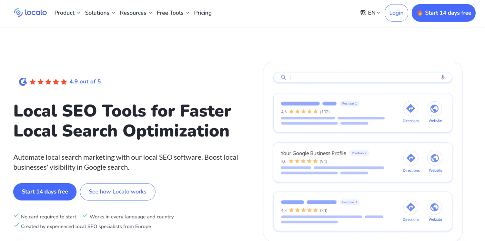 Localo webpage for local SEO tools with a 4.9 out of 5 rating, 14-day free trial, and illustrated Google search results