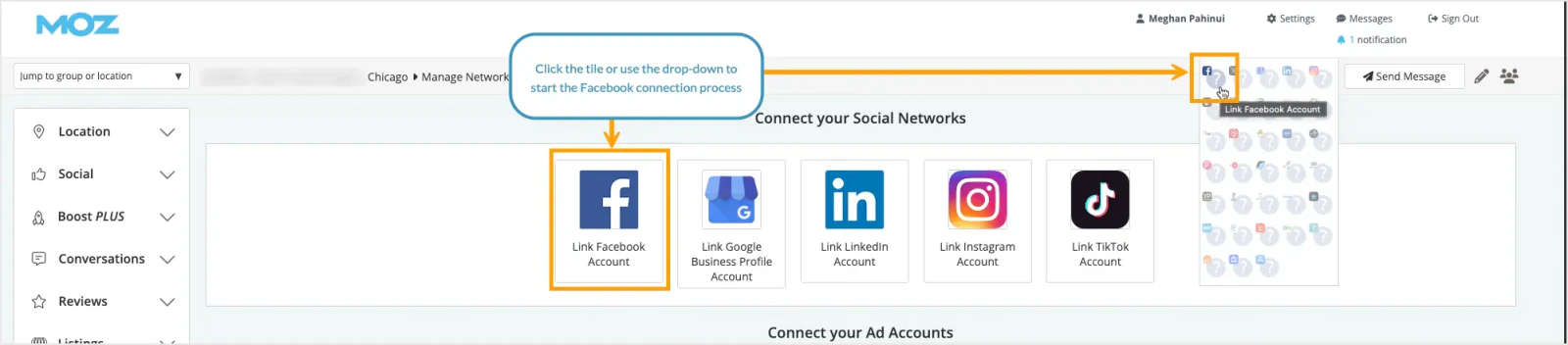 Moz Manage Network screen with tiles for linking Facebook, Google Business Profile, LinkedIn, Instagram, and TikTok accounts.