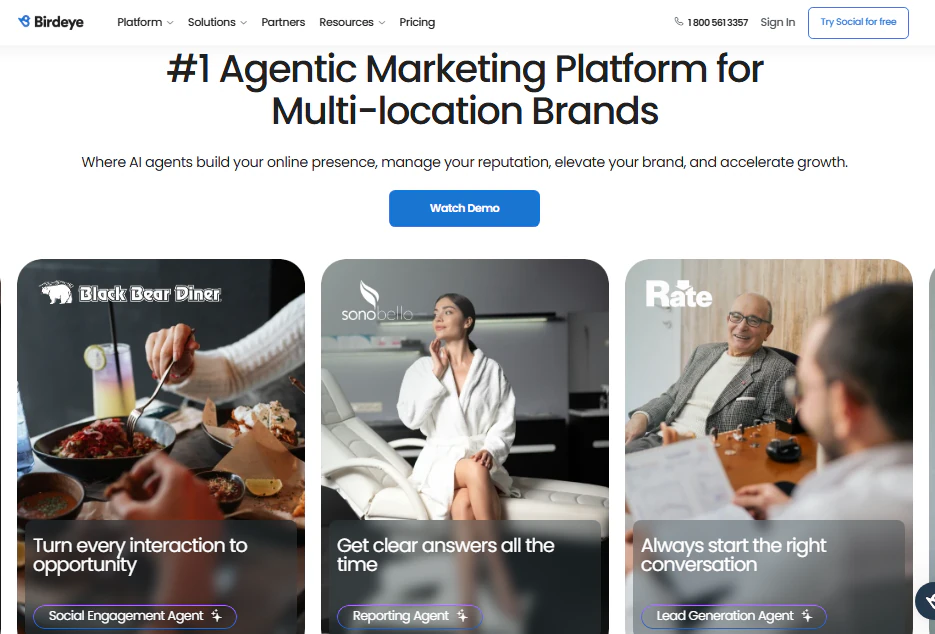 Birdeye homepage with the headline “#1 Agentic Marketing Platform for Multi-location Brands” above three AI agent promotional cards.