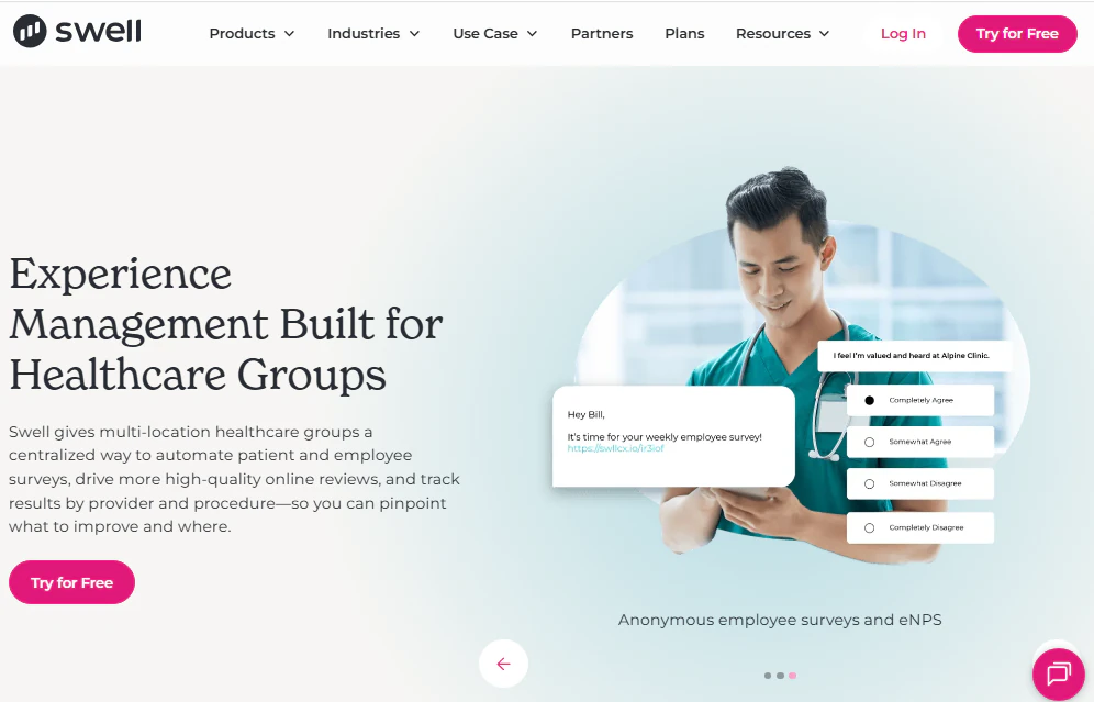 Swell healthcare homepage showing a clinician, patient survey prompts, and messaging about patient and employee feedback across healthcare groups