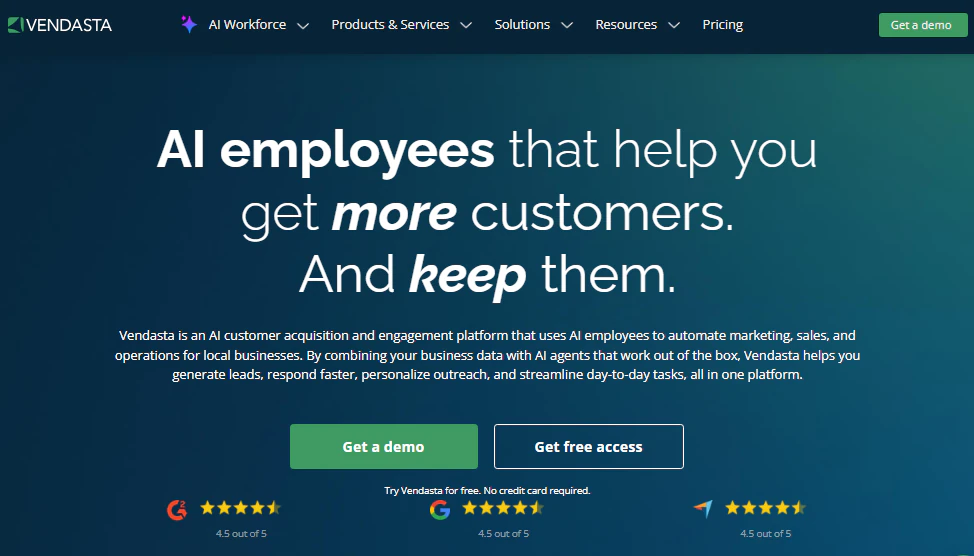 Vendasta homepage promoting AI employees for customer acquisition and engagement, with Get a demo and Get free access buttons