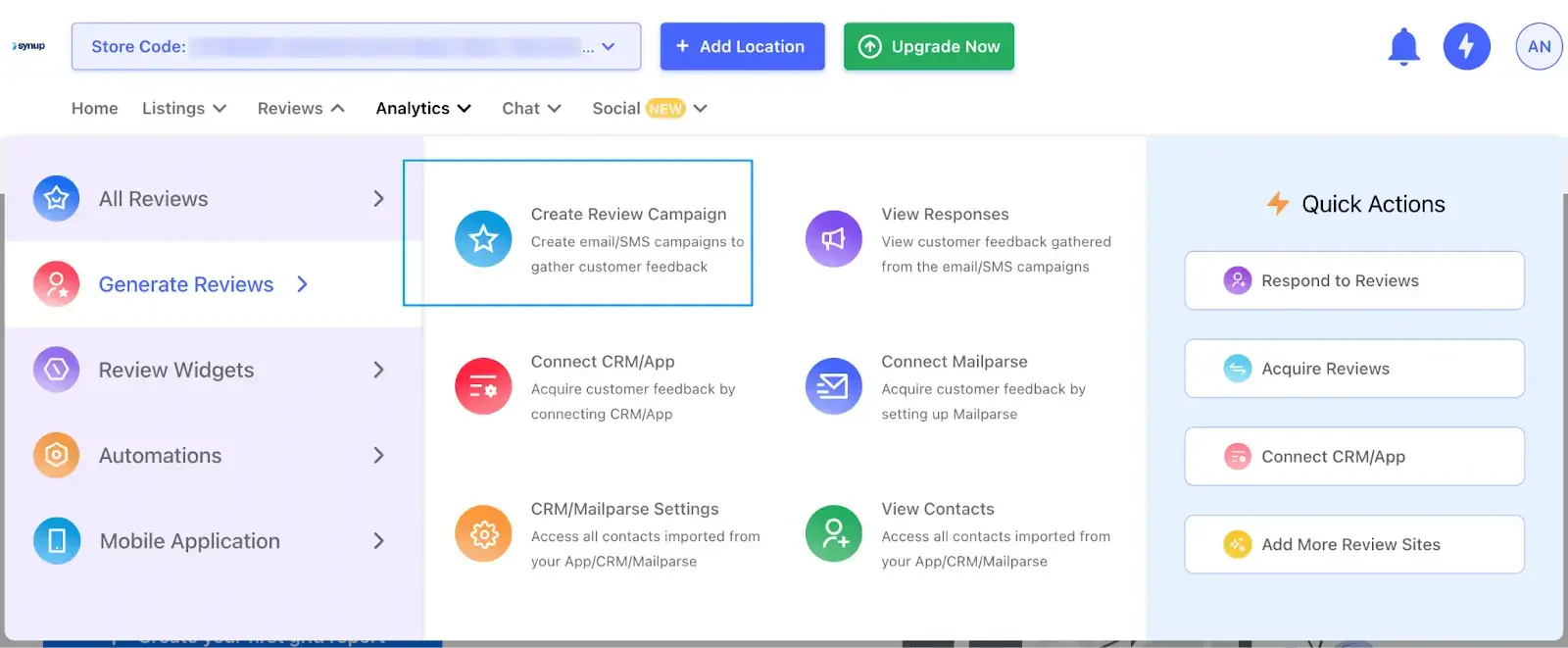 Synup Generate Reviews dashboard with Create Review Campaign highlighted for email/SMS feedback, alongside CRM/app, Mailparse, contacts, and quick actions.